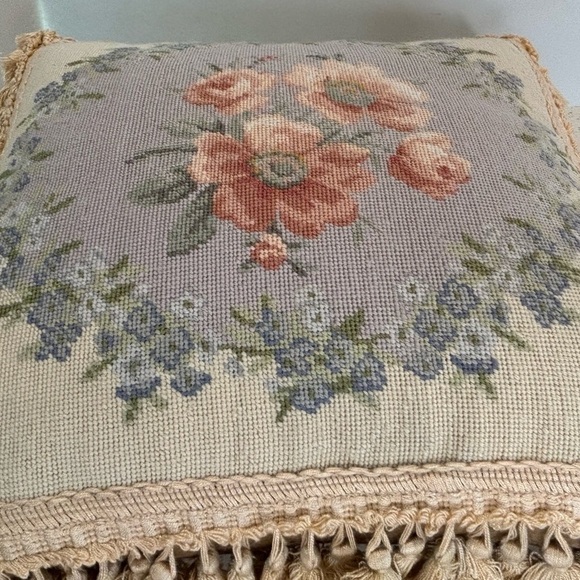 Vintage Floral Tapestry Accent Pillow Down Filled with Tassels - Picture 6 of 6